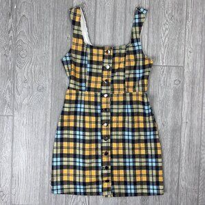 Urban Outfitters Plaid Button Up Jumper Overall Dress Mini Teal Yellow Women's 6